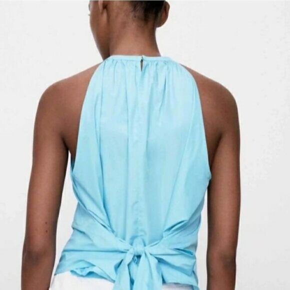 Zara Halter Top Powder Blue Tie-Back Bow Panel Fitted Sleeveless Keyhole Blouse - Picture 4 of 13